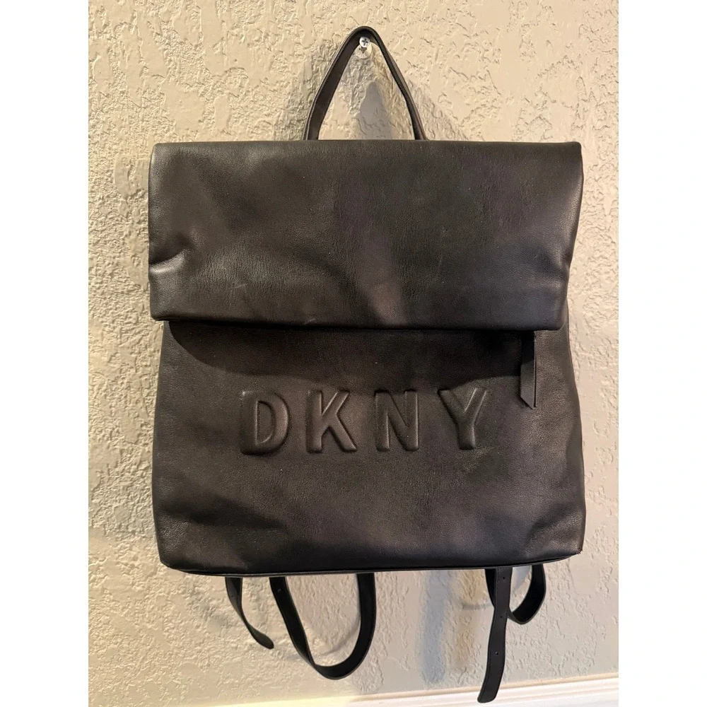 DKNY Black Faux Leather Foldover Roll Top‎ Backpack Flap Closure
